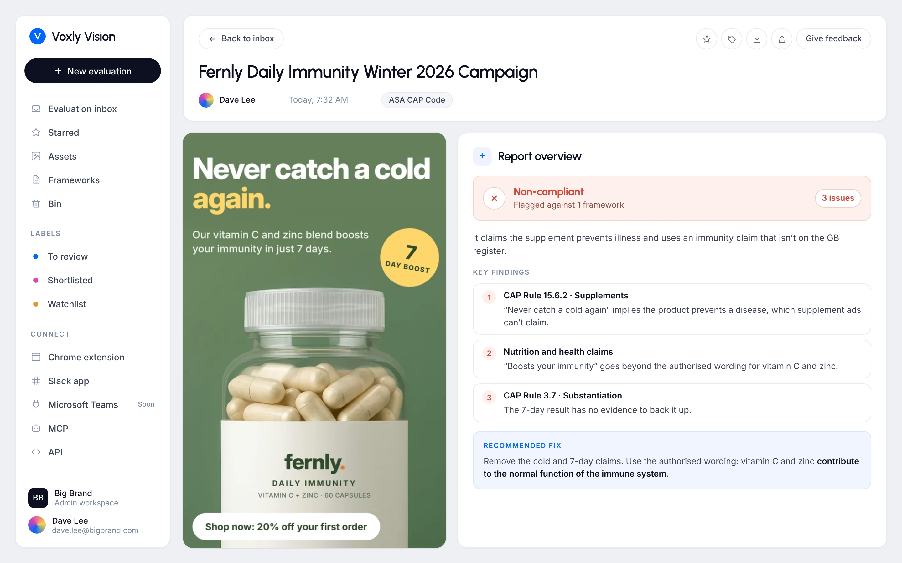 Voxly Vision compliance report checking a food and nutrition ad against UK advertising rules