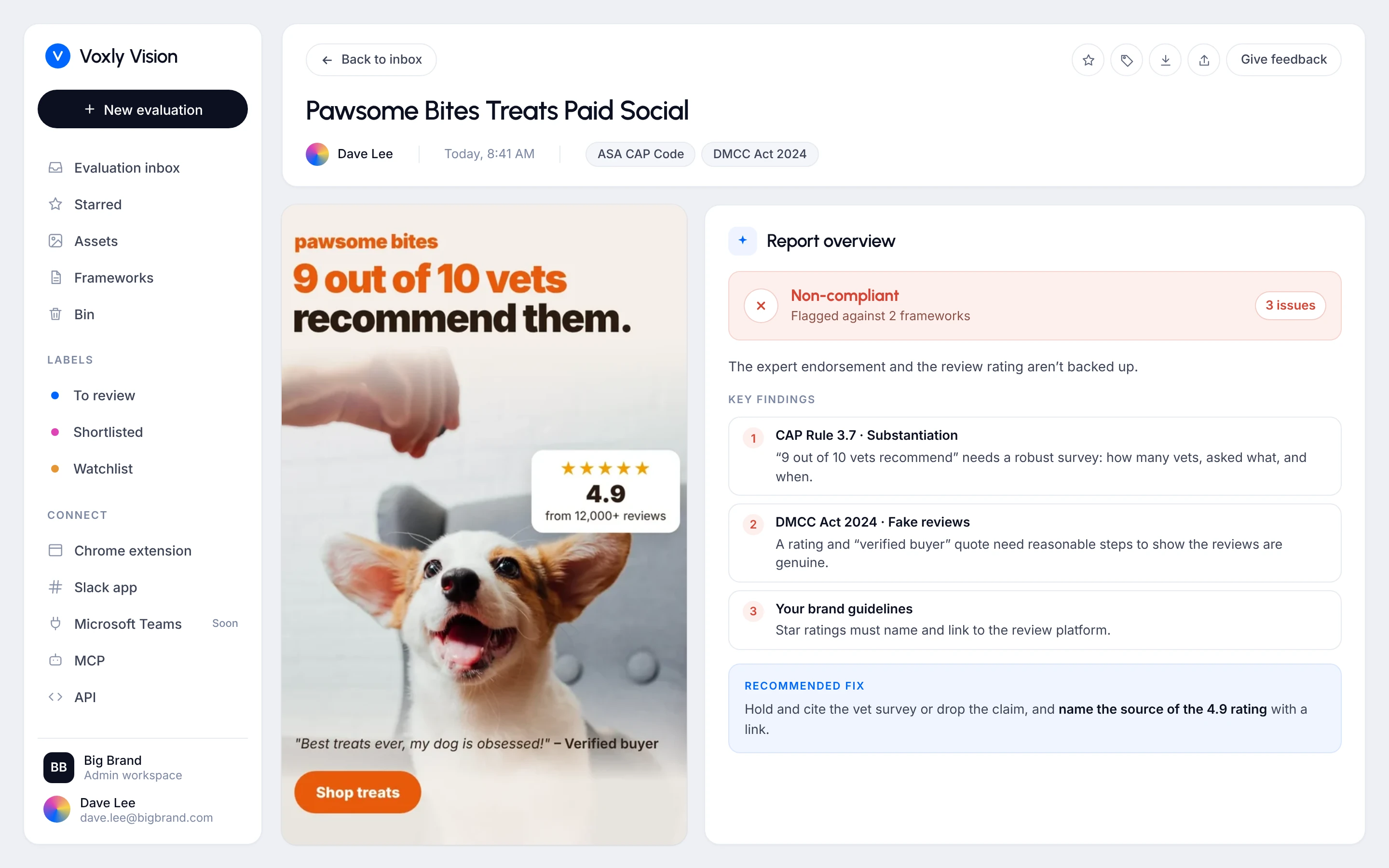 Voxly Vision compliance report checking an AI-generated ad against UK and EU rules