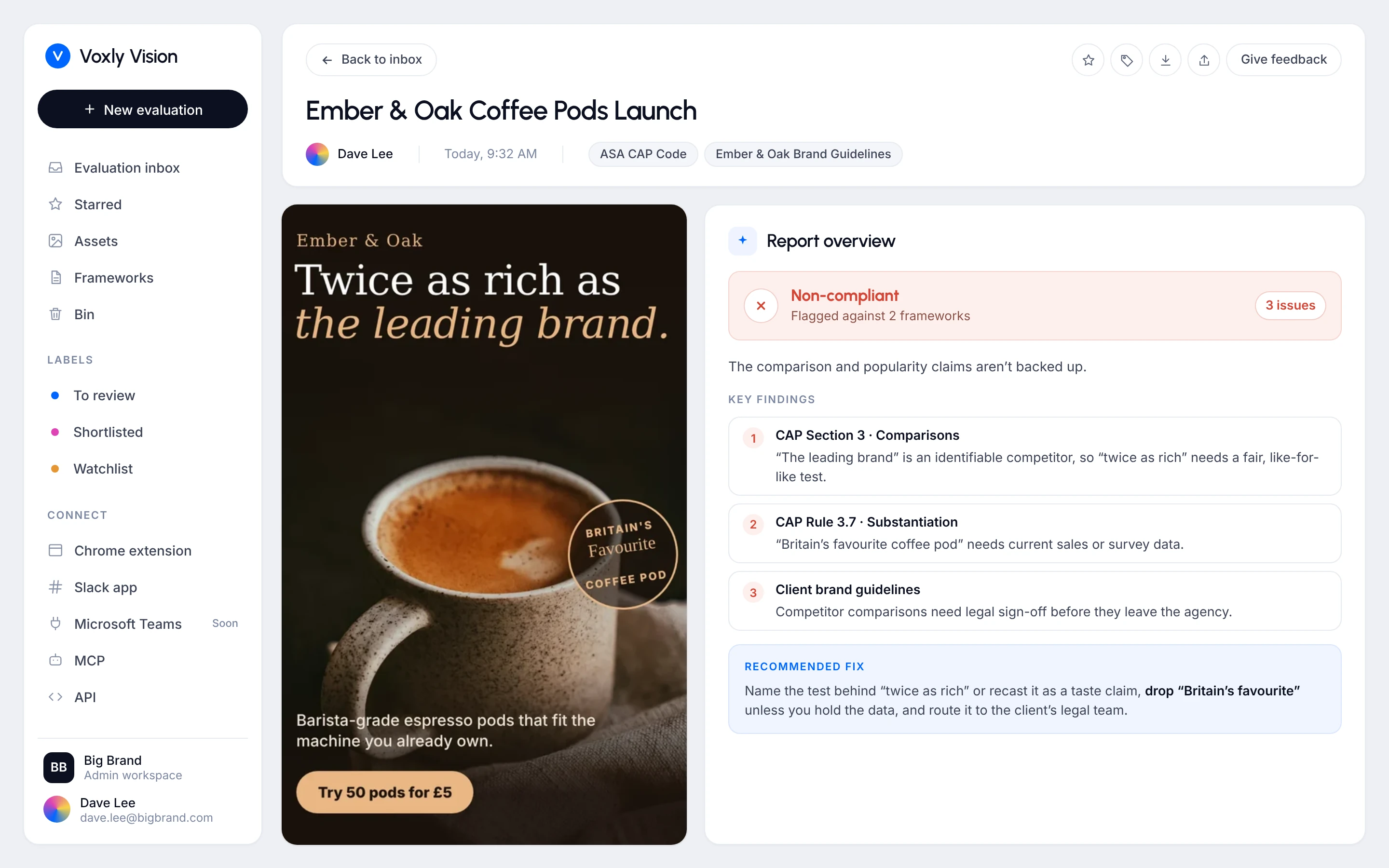 Voxly Vision compliance report checking a social post for ad disclosure and claims
