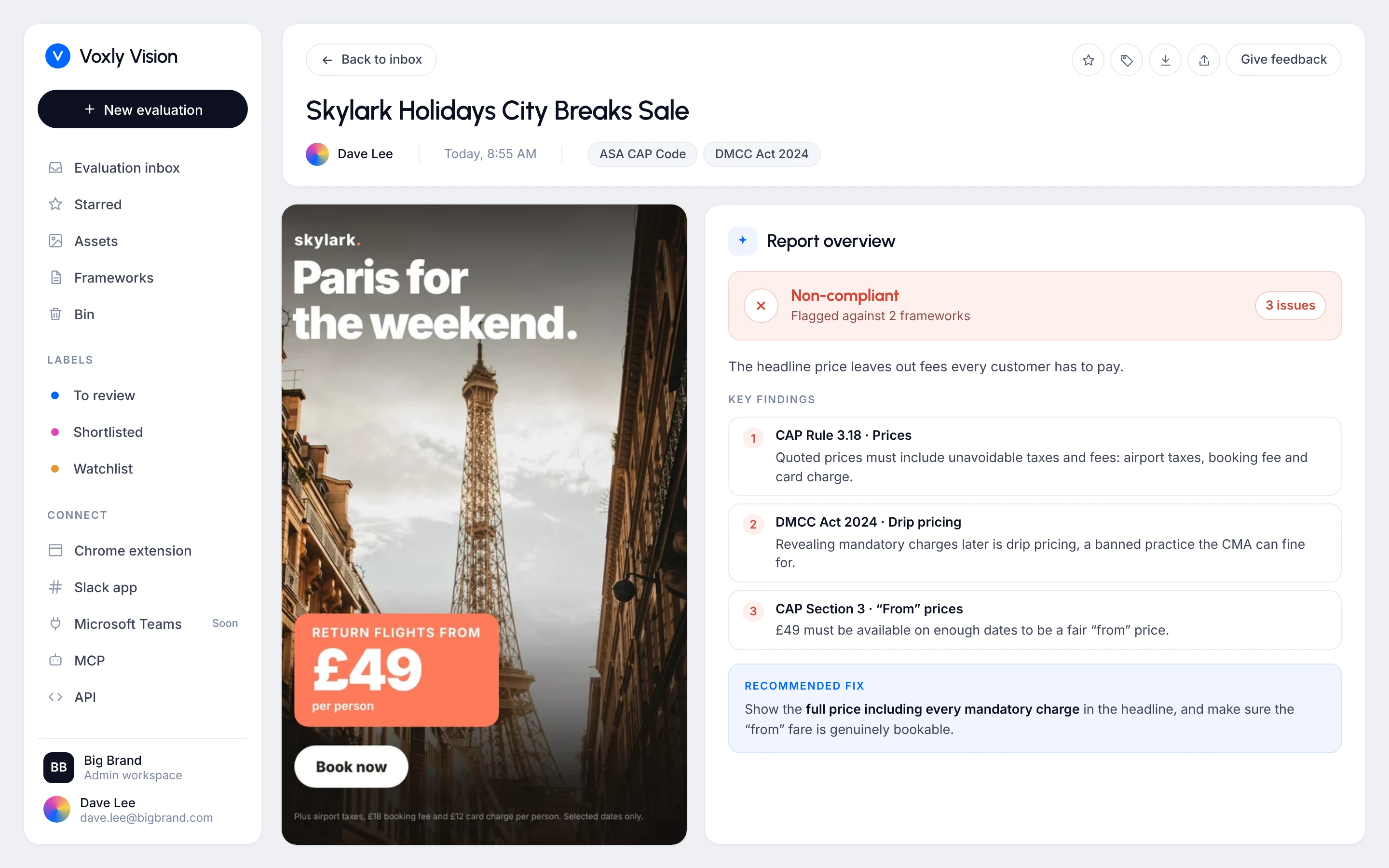 Voxly Vision report for a city break ad, flagged for drip pricing under the DMCC Act 2024 and CAP pricing rules